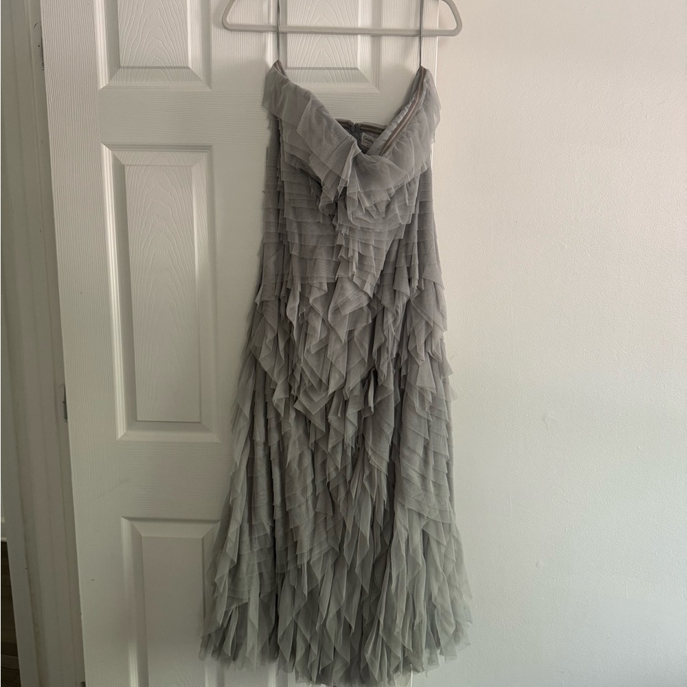 Geisha Designs Anthropologie formal bridesmaid dress grey ruffle tulle